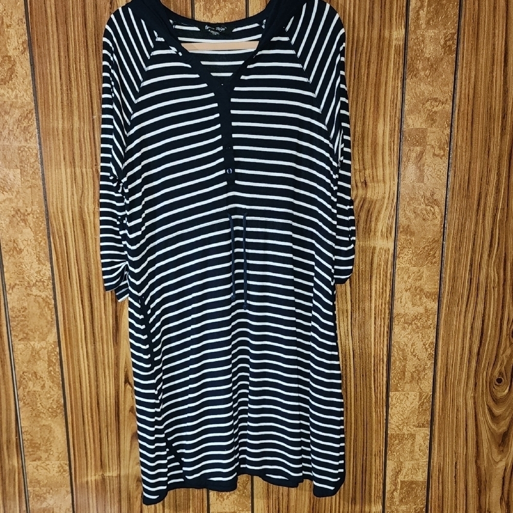 Charlie Paige Blue and White Striped Dolman Sleeve Dress With Hood - Size L/XL